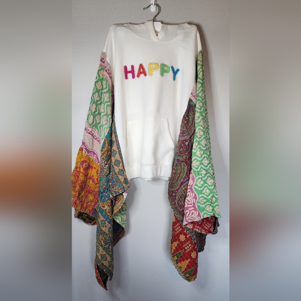 Upcycled Kantha Colorful Patchwork Sleeve Hoodie